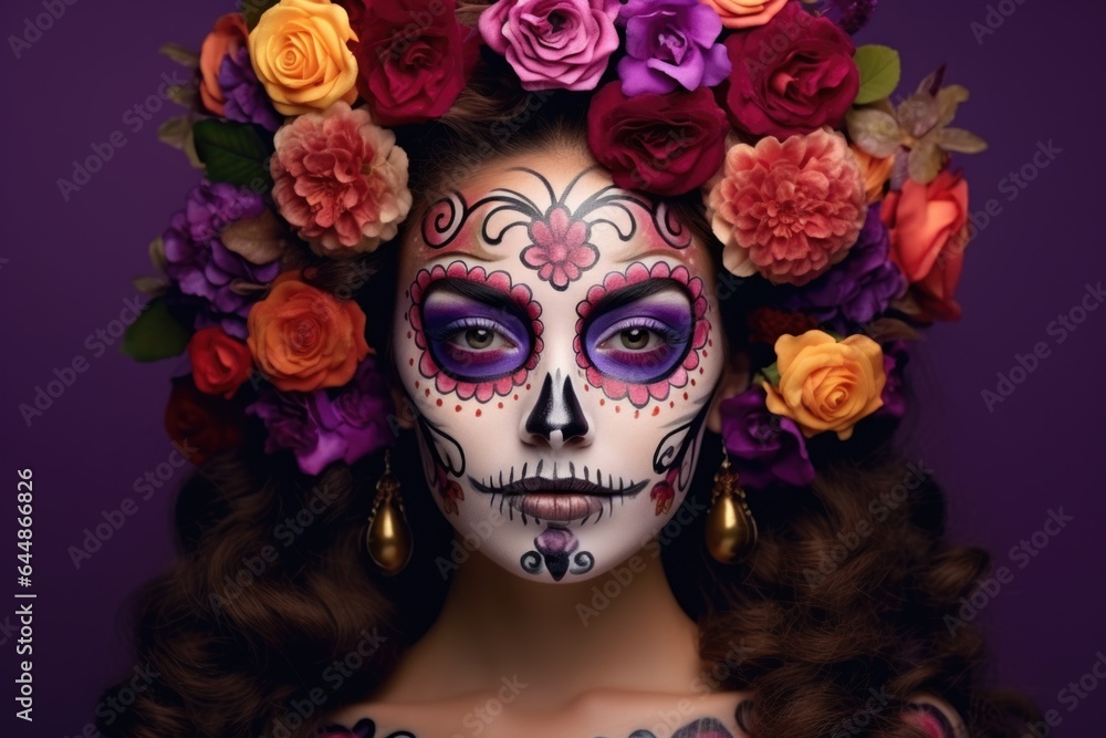 Cute brunette with death day makeup art and flowers on purple background. Death day holiday concept.