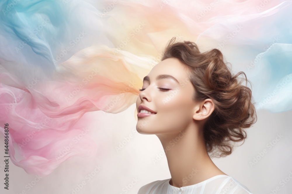 Portrait of a young romantic brown-haired girl with her eyes closed from pleasure on a pink and blue pastel background.