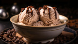 chocolate ice cream with a spoon on a dark background. close - up.