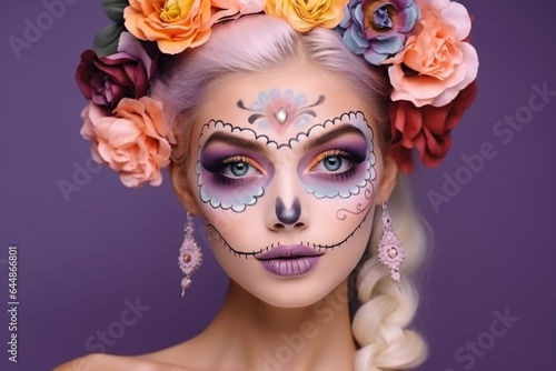 Cute blonde girl with death day makeup art and flowers on purple background, closeup. Death day holiday concept.