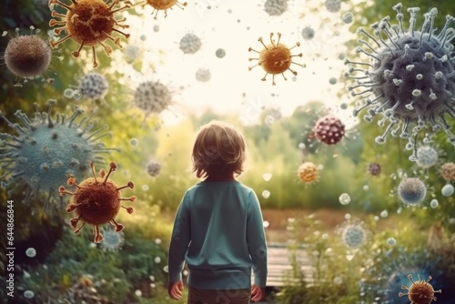 Lonely child standing amid flying viruses and bacteria. The concept of child health. photo
