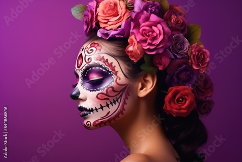 Cute brunette with death day makeup art and flowers on purple background Side view. Death day holiday concept.