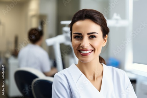 Female portrait of a smiling armenian dentist on the background of a dental office.