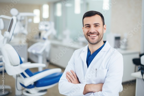 Male portrait of a smiling armenian dentist on the background of a dental office.