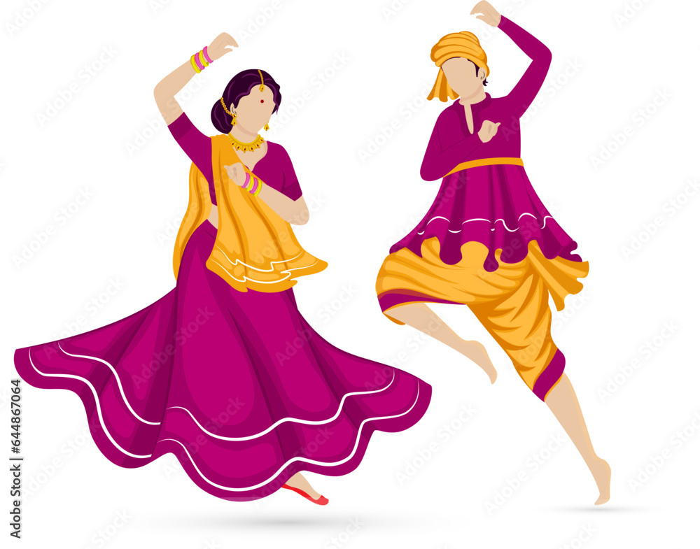 Faceless Indian Couple Playing Dandiya In Traditional Attire On White Background.