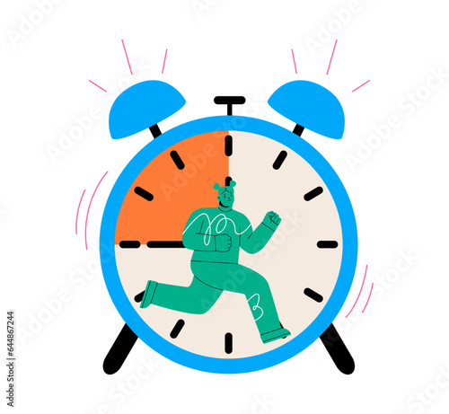 Woman runs like squirrel in wheel, deadline and stressful task, time. Management  concept. Colorful vector illustration