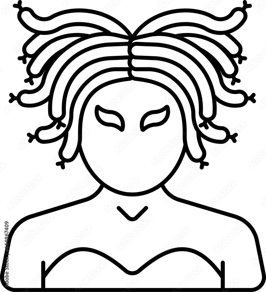Black Linear Style Medusa Cartoon Character Icon. Black Linear Style Medusa Cartoon Character Icon.