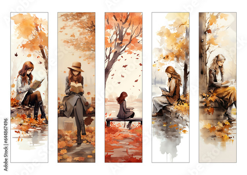  Beautiful bookmarks for book lovers, set of 5, decorative design, size of bookmarks 4,5cm x 18cm, illistration, PNG, love to read, girl reading book, autumn time, watercolor vintage style