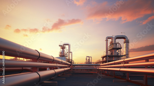 Petroleum Industry Pipe System and Rack with a Sunset Sky. © ckybe