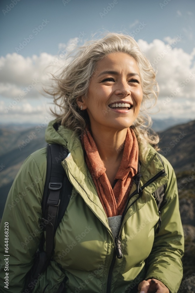 Mature woman hiker smiling at camera on top of a mountain
