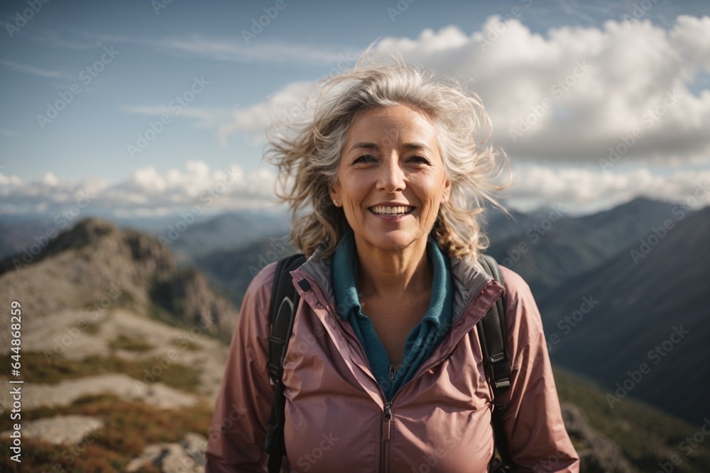 Mature woman hiker smiling at camera on top of a mountain
