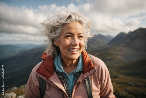 Mature woman hiker smiling at camera on top of a mountain 