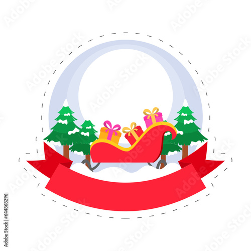 Merry Christmas Celebration Concept With Sleigh Full Of Gift Boxes, Snowy Xmas Trees On White And Blue Background.