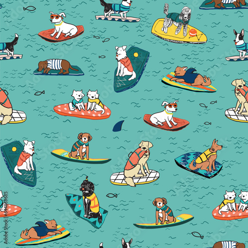 Dog surfing vector seamless pattern.