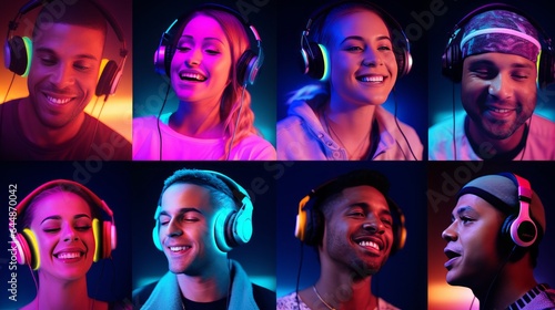 Collage of representations of youthful enthusiastic individuals on multicolored foundation in neon Concept of human feelings facial expression deals Tune in to music with earphones
