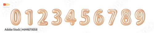 Gold numbers from 0 to 9. Collection of voluminous puffy golden numbers. Set of bright cartoon metallic figures, isolated on white background. Realistic 3d design. 3D Vector