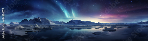 a scenic view from in north pole at the night, sky with aurora, polar bear at the lake, reflection, dramatic light and shadows, create using generative AI tools © Maizal