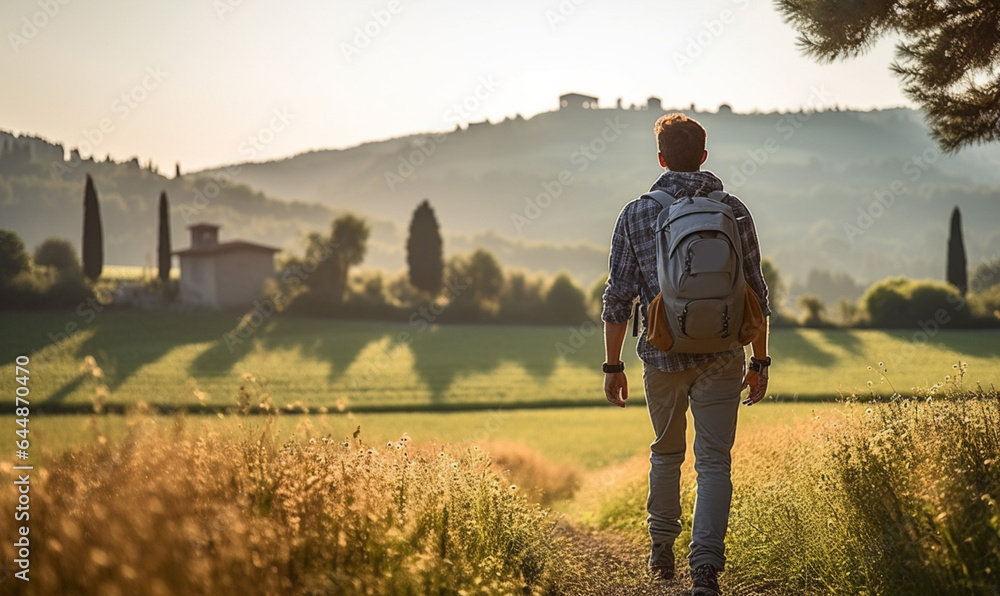 Male hiker traveling, walking alone Italian Tuscan Landscape view under sunset light. Man traveler enjoys with backpack hiking in mountains. Travel, adventure, relax, recharge concept.