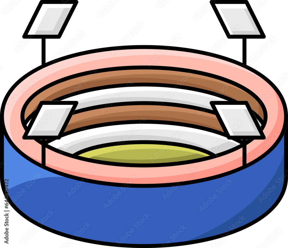 Illustration Of Cricket Stadium Arena With Light Icon In Flat Style. Illustration Of Cricket Stadium Arena With Light Icon In Flat Style.