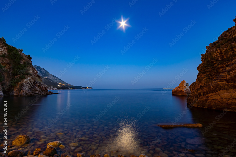 seascape at night, sea, moon and rocky shore, beautiful seaside resort, beach, adriatic sea, summer vacation