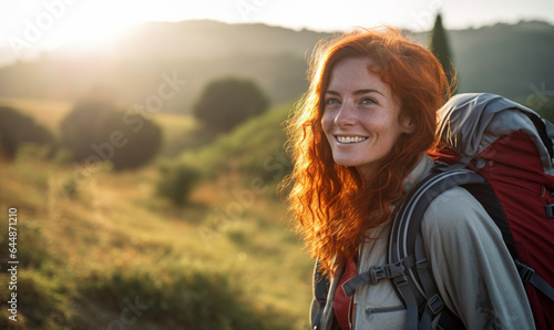 Female hiker traveling, walking alone Italian Tuscan Landscape v