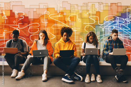 group of people, Group of Students Sitting and Working on Laptops - Minimalistic and Colorful Environment Fostering Collaboration and Productivity