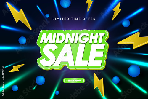Colorful 3d Midnight Sale Banner with shop now button. Lightning Flash Sale Icons and 3d bubbles on burst of lasers background. Limited Time offer text tag. Vector Illustration. 