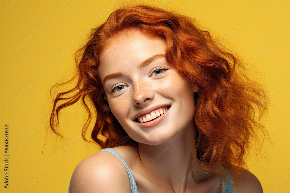 portrait of a smiling confident red-haired young woman with freckles, on a yellow background portrait of a smiling confident red-haired young woman with freckles, on a yellow background