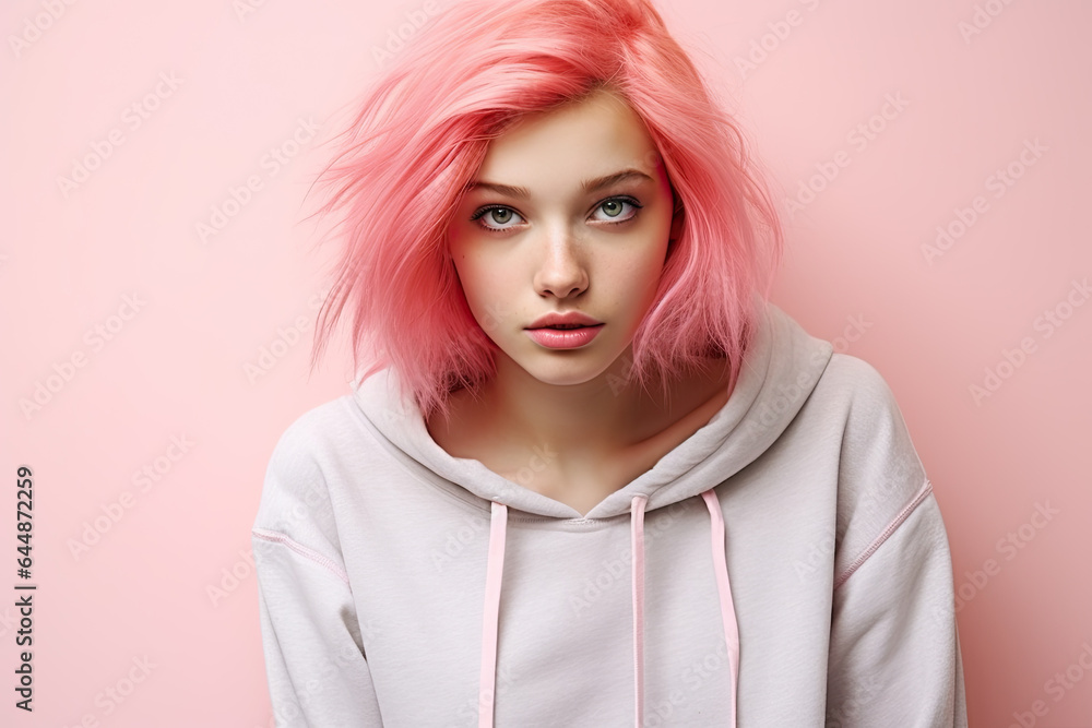 Portrait of a moody teenage girl with pink hair and wearing a white hoody, on a pink background Portrait of a moody teenage girl with pink hair and wearing a white hoody, on a pink background
