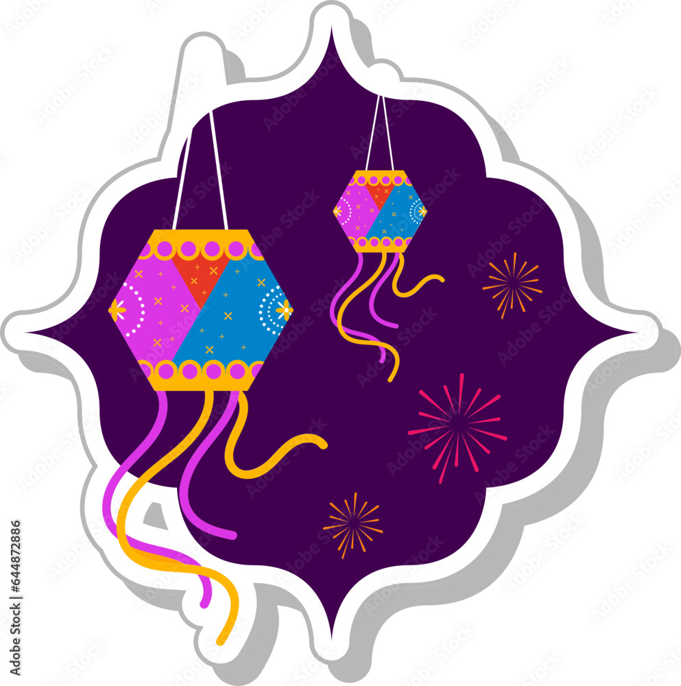 Sticker Style Kandil (Lantern) Hangover Firework Purple Background.