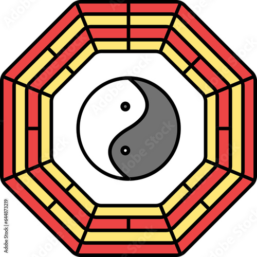 Yellow And Red Illustration Of Bagua Mirror Flat Icon.