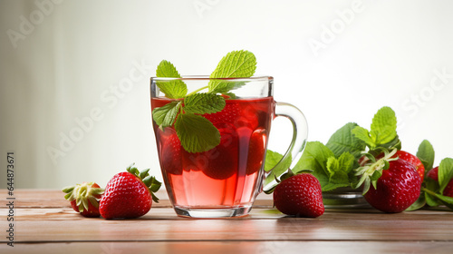Red strawberries in a jar with water, with peppermint leaves, on a white background.