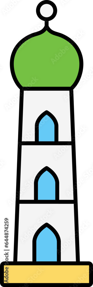 Colorful Mosque Minaret Icon In Flat Style. Colorful Mosque Minaret Icon In Flat Style.