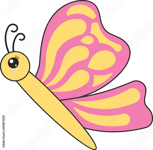 Pink And Yellow Cute Butterfly Icon In Flat Style. photo