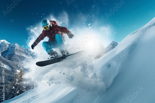 Experience the thrill of snowboarding in the mountains with a focus on winter sports and outdoor adventure. 'generative AI'  © ballabeyla