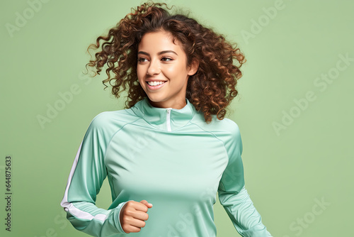 Portrait of a smiling young sporty woman with brown curly hair wearing a green tracksuit top, on a green background