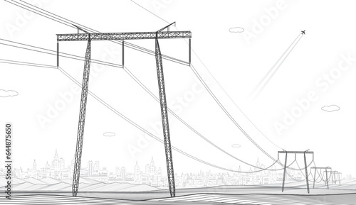 High voltage transmission systems. Electric pole. Power lines. A network of interconnected electrical. Energy pylons. City electricity infrastructure. Gray otlines on white background. Vector design