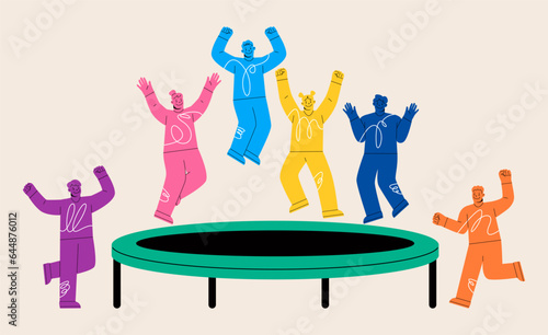 Happy teenager jumping on trampoline. Spare Time, Activity, freedom, healthy lifestyle. Colorful vector illustration