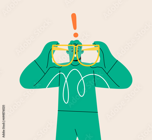 Shocked and surprised face of man with eyeglasses. Colorful vector illustration