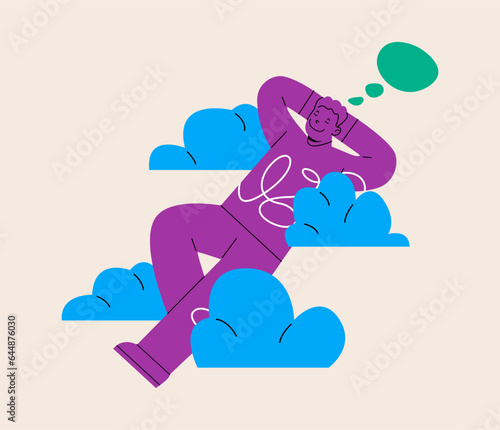 Smiling man dreaming of happy future. Colorful vector illustration