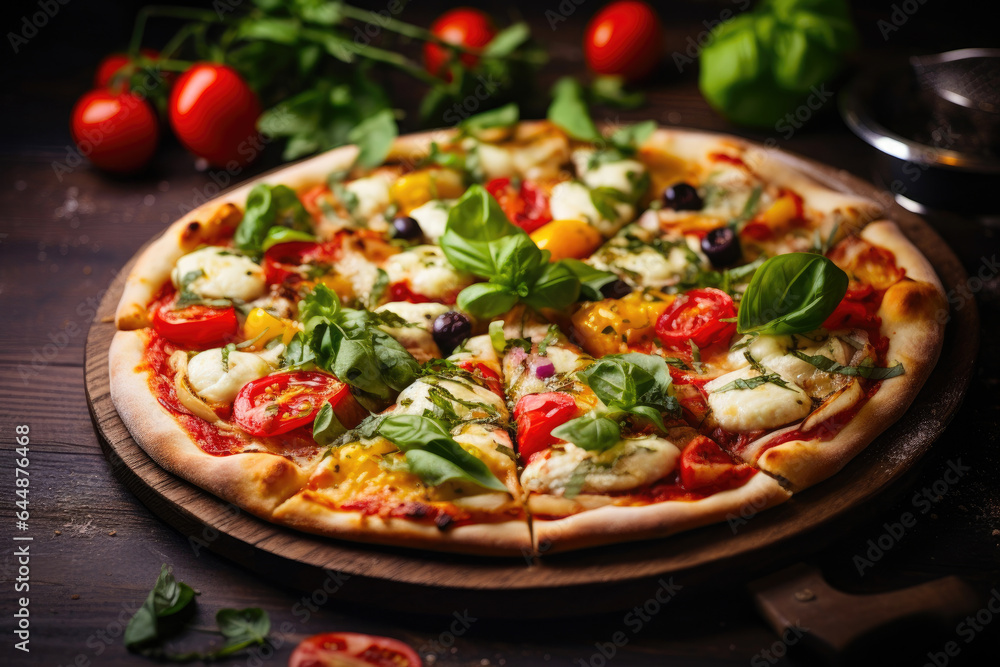 Close-Up of Garden Fresh Pizza with Basil and Mozzarella