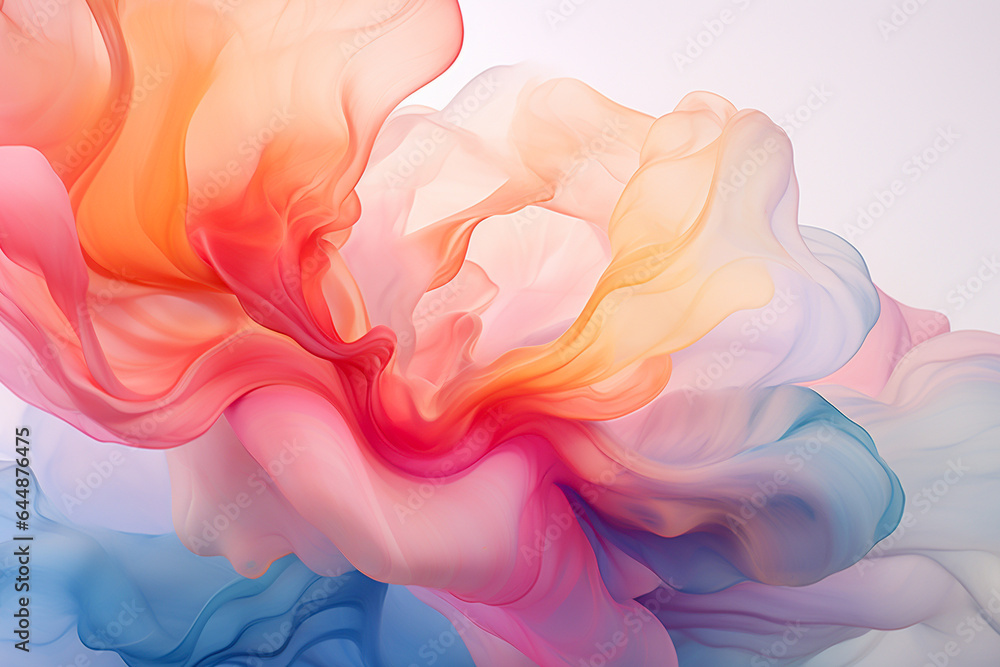 Abstract fluid, wavy liquid paint background. Flowing colorful smoke in gradient pastel hues. Use for backdrop, invitation, greeting card, social media banner. AI generative illustration.