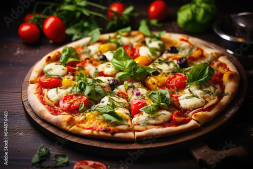 Close-Up of Garden Fresh Pizza with Basil and Mozzarella