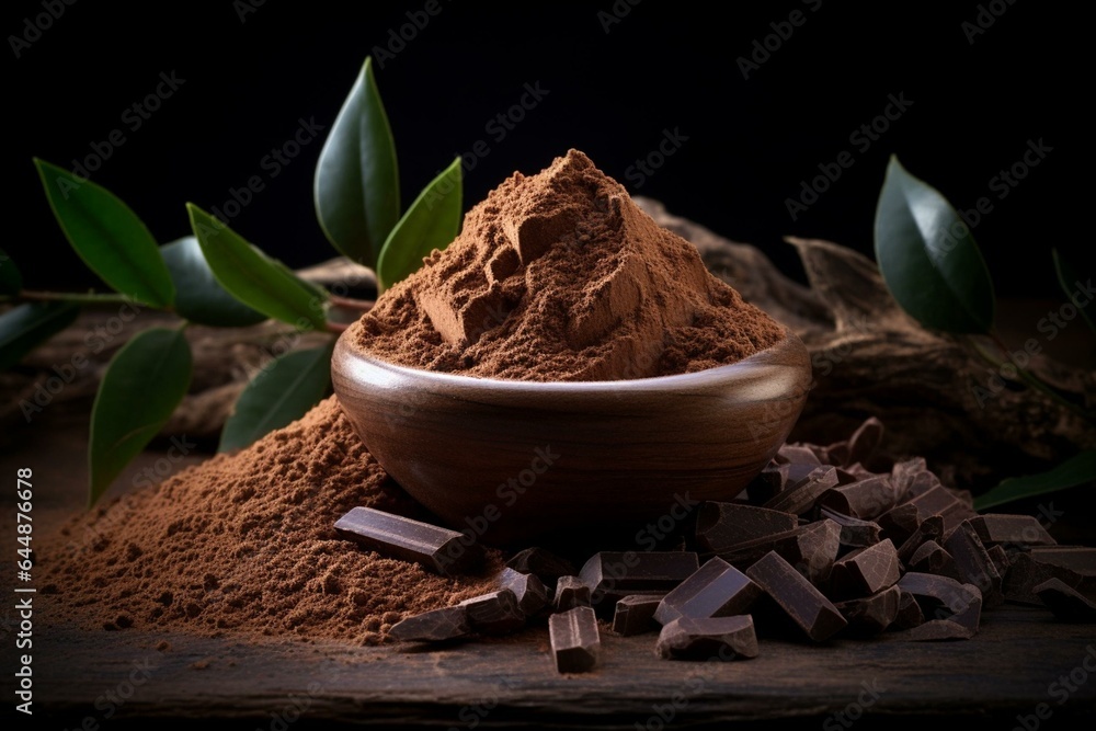 Carob chocolate and carob fruit powder on dark background. A delicious