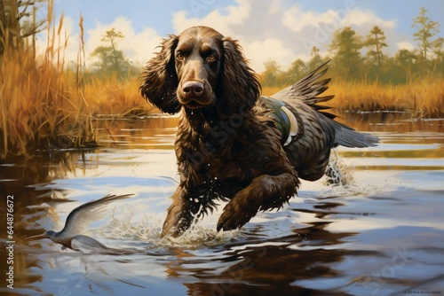Fotografia, Obraz A young dog of the Boykin Spaniel breed is fetching a Mallard bird from the water