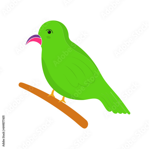 Green Parrot Holding Branch Icon In Flat Style.
