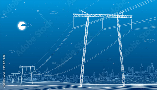 High voltage transmission systems. Electric pole. Power lines. A network of interconnected electrical. Energy pylons. City electricity infrastructure. White otlines on blue background. Vector design