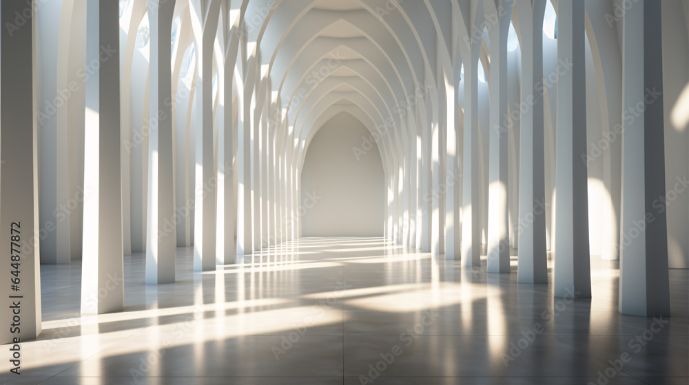 A long, white corridor in a geometric, contemporary concrete edifice is illuminated by the gentle touch of sunlight through its columns..