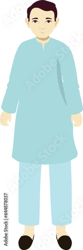 Portrait Of Indian Man Wearing Blue Kurta Pajama In Standing Pose.