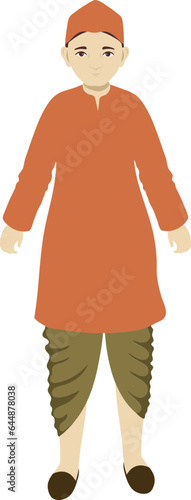Portrait Of Indian Man Wearing Dhoti And Kurta In Standing Pose On White Background.